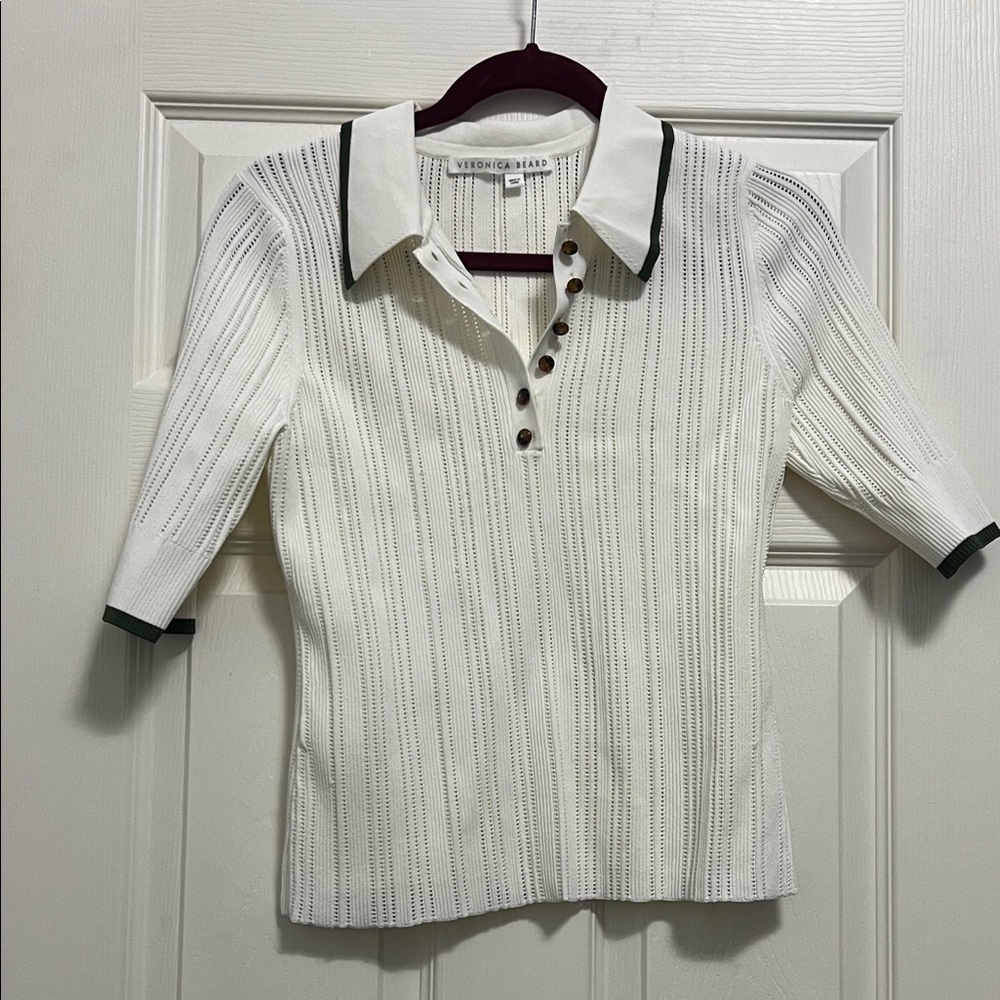 Veronica Beard White and Green Collared Knit Top